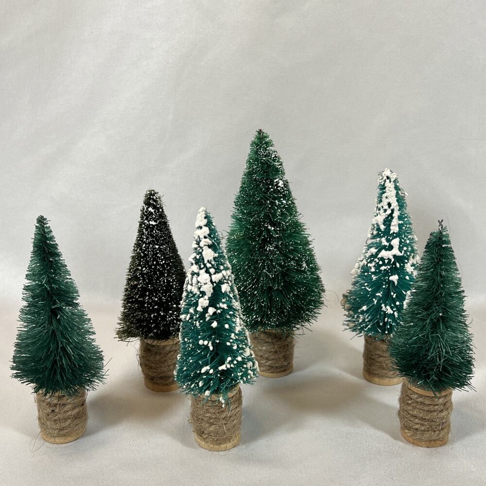 Collection of 6 Vintage Mini Bottle Brush Christmas Trees on Wooden Twine spools